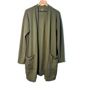 Tickled Teal Olive Knit Cardigan Women’s 1X Open Front longline Pockets.